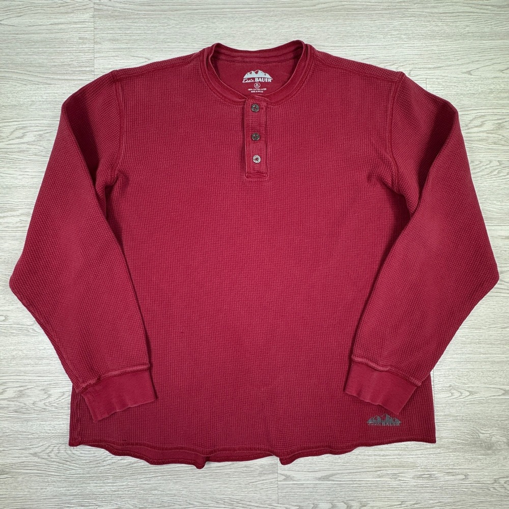 Eddie Bauer Men's Henley Shirt Waffle Knit Red XL Tall‎ Long Sleeve Cotton